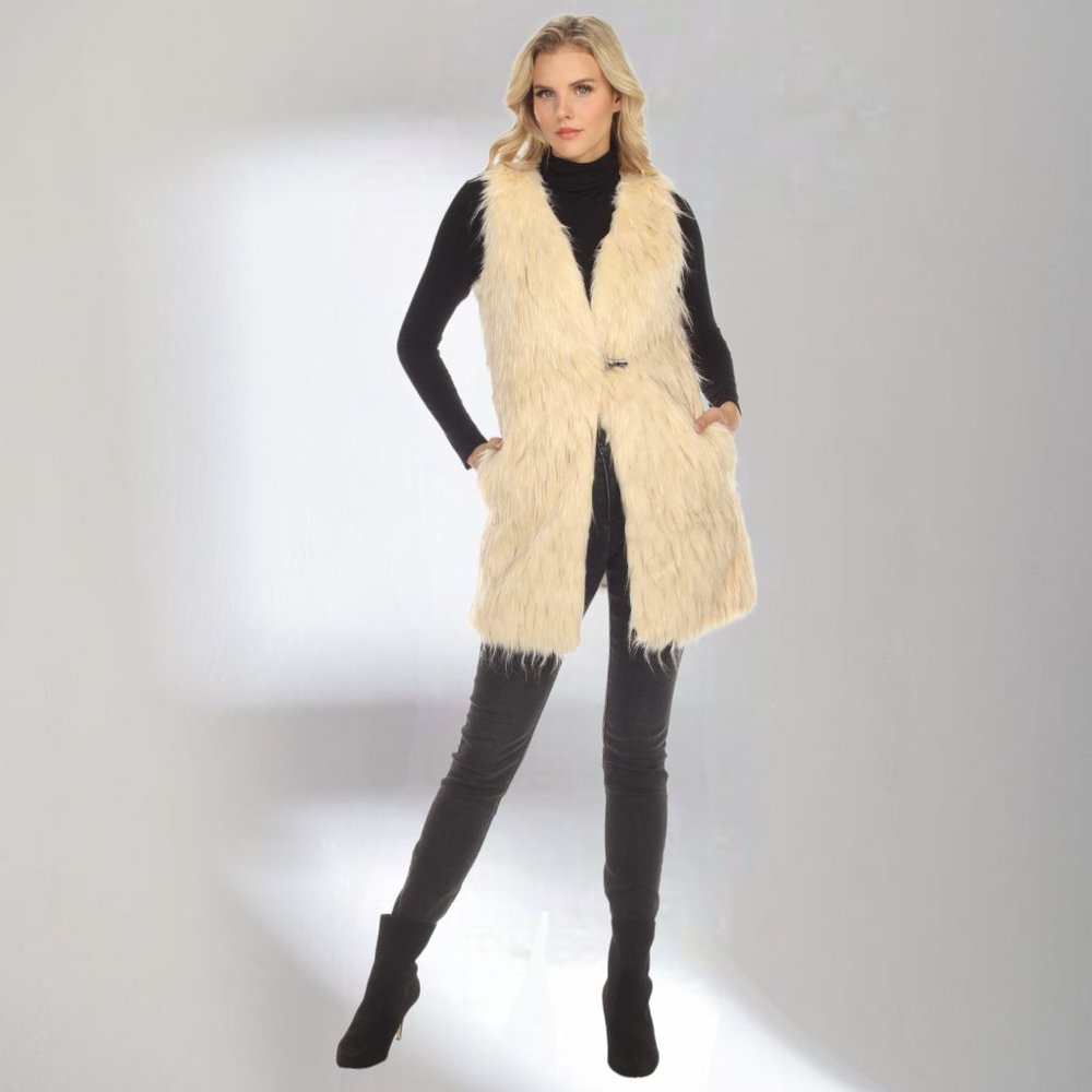 NWT Size S LINDI Cream/White Faux Fur Long Vest Coat V1631 - Picture 5 of 5